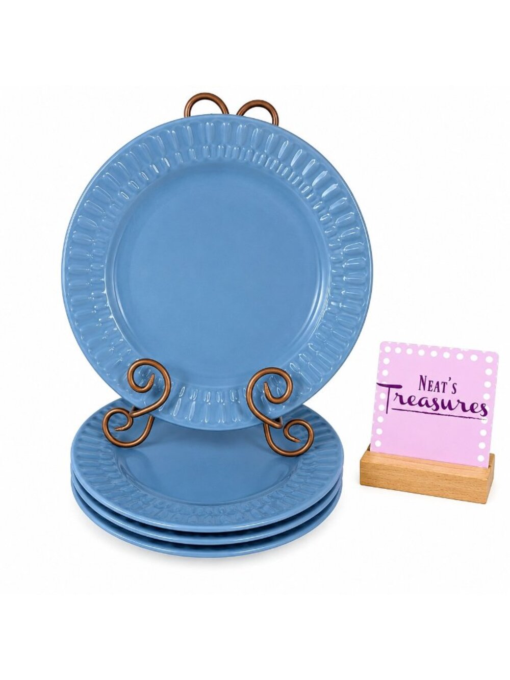 Coventry SKINNY HEX Blue Embossed Rim Design Stoneware 11" Dinner Plates Set 4
